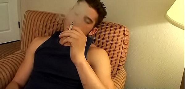  Handsome smoker Levi launches cum after stroking cock solo